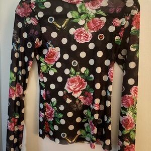 AFRM Black Top with Pink Floral and White Polka Dots